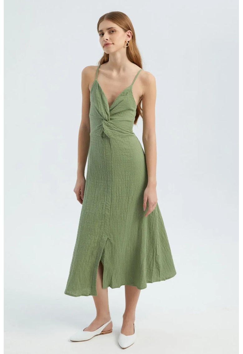 Rochie midi - fara maneci - decolteu in V - crapatura laterala - verde - textil