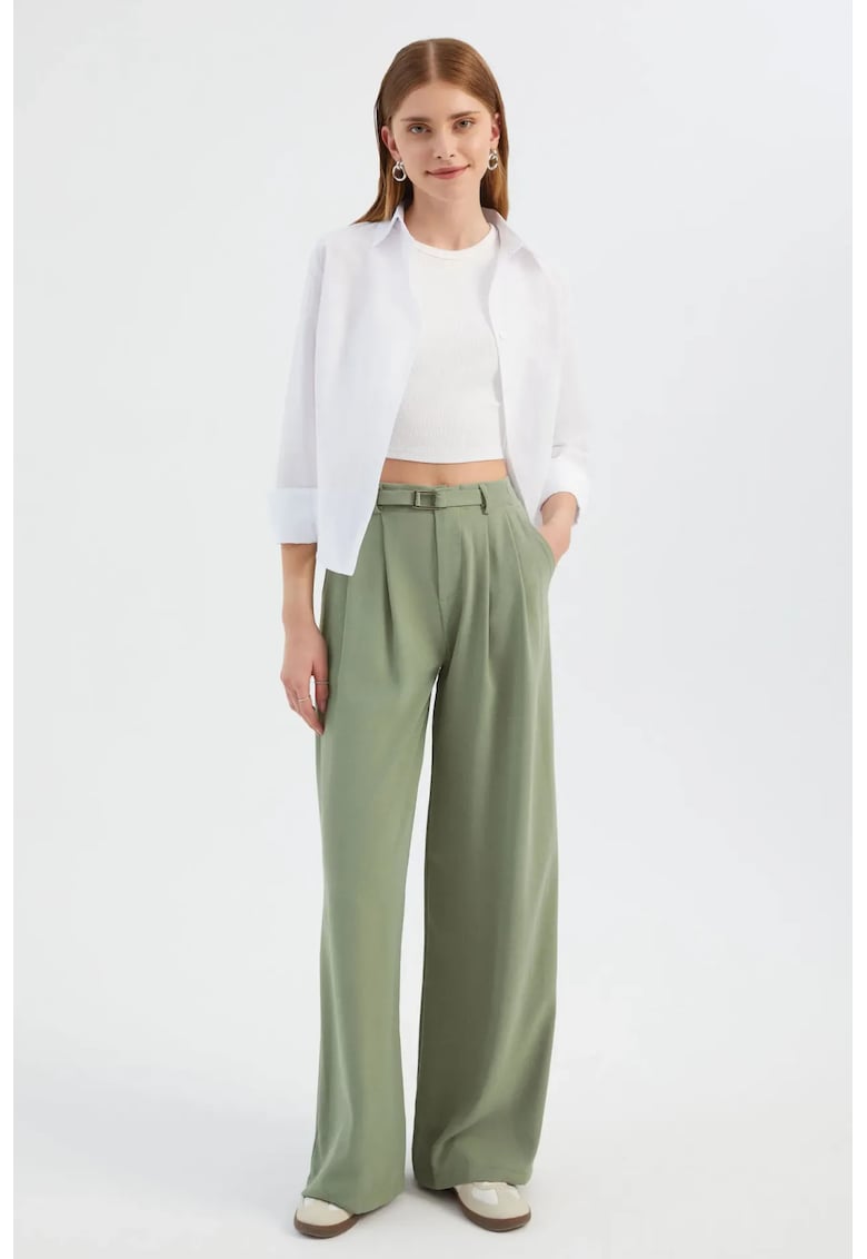 HiCCUP Pantaloni dama - largi plisati - talie inalta - verde - textil