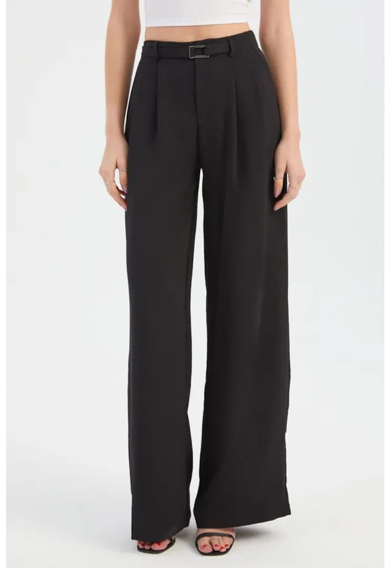 Pantaloni dama - largi plisati - talie inalta - negri - textil