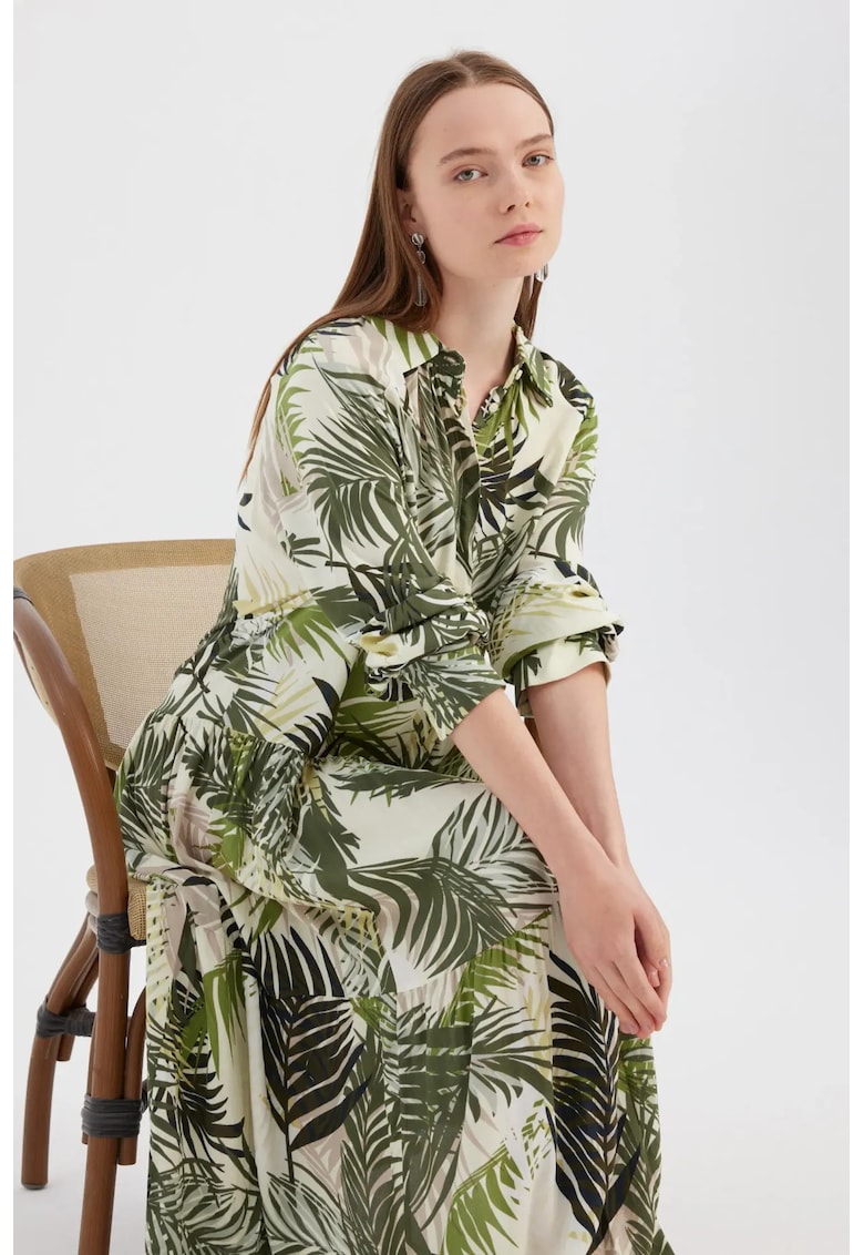 Rochie maxi maneca lunga - imprimeu floral - bej/verde - tesatura de viscoza
