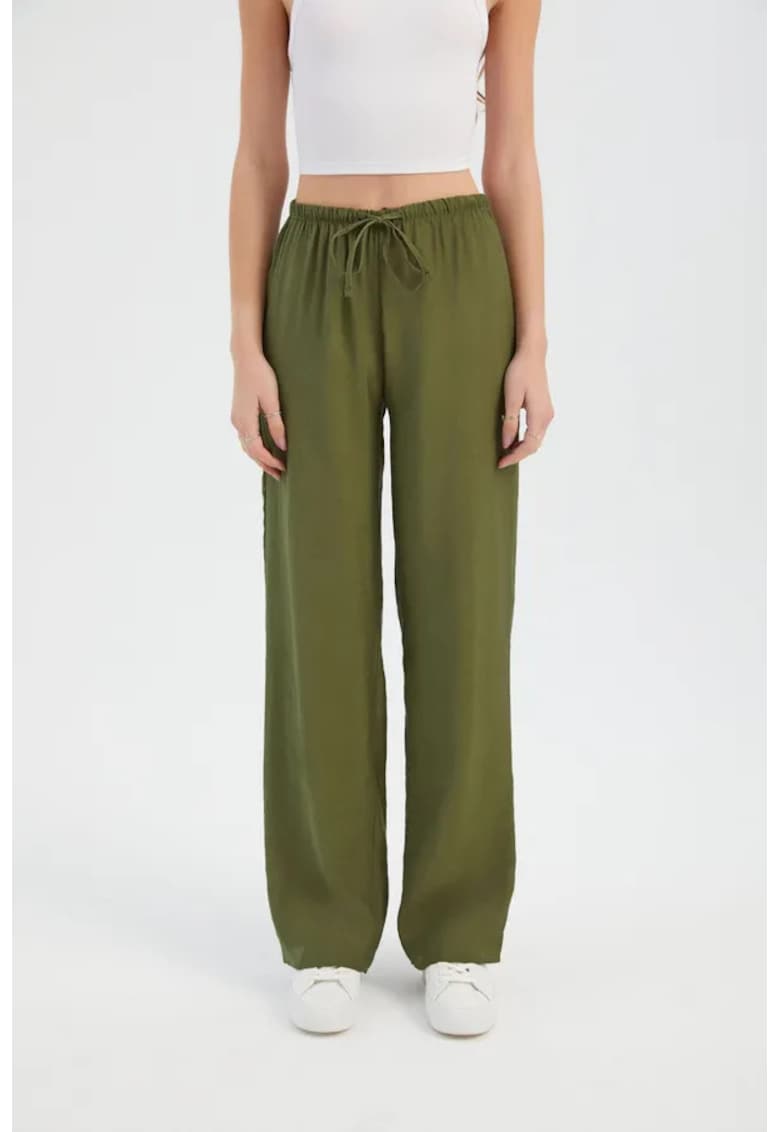 Pantaloni dama - drepti - talie medie - elastic - verde - textil