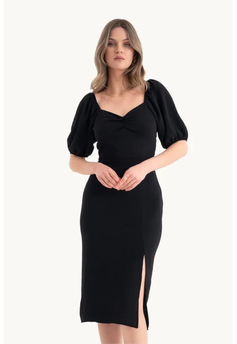 Rochie midi - decolteu in forma de inima - crapatura laterala - negru - textil