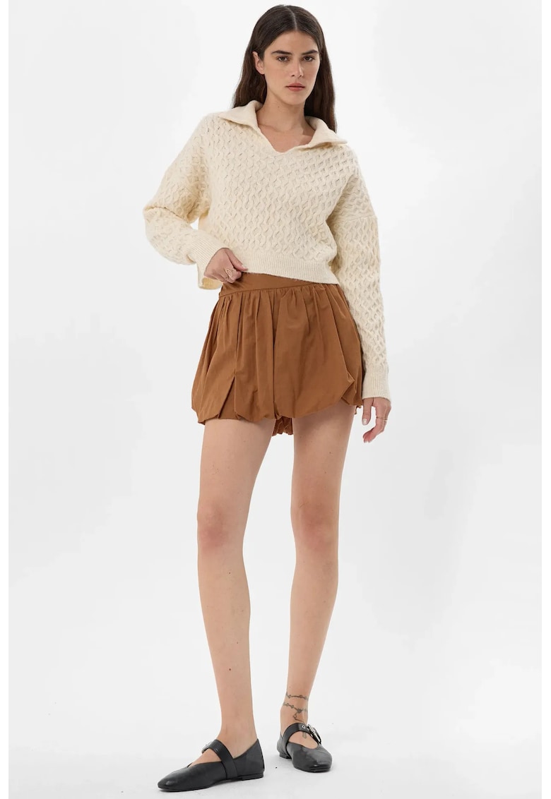 Fusta mini cu pantaloni scurti atasati dama - talie inalta - textil - maro