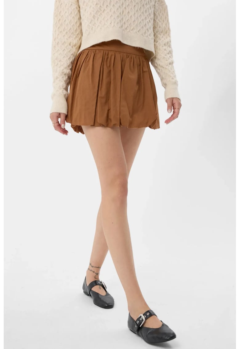 Fusta mini cu pantaloni scurti atasati dama - talie inalta - textil - maro