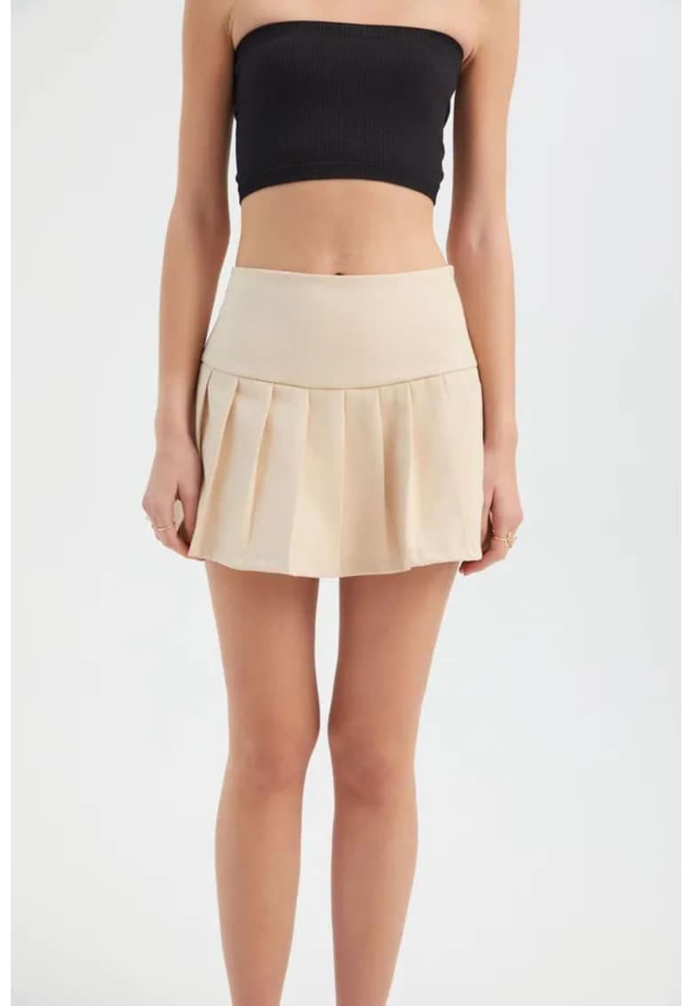 Fusta mini plisata dama - textil - talie inalta - bej