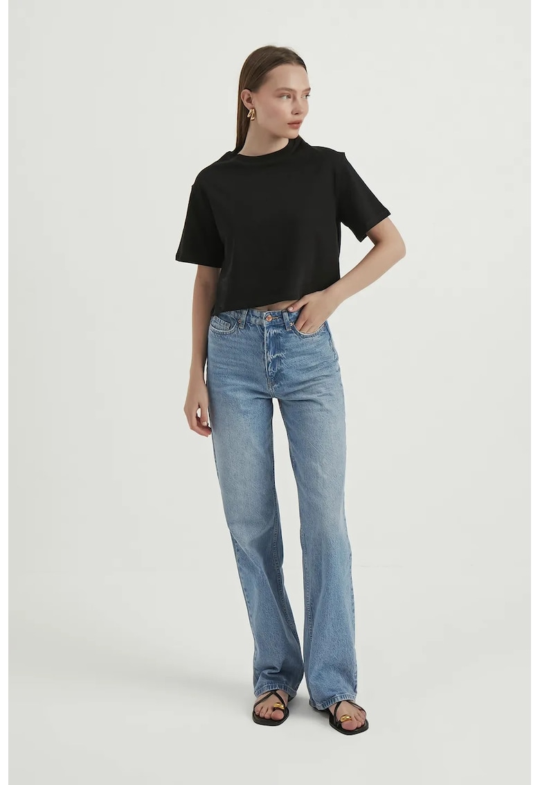 Tricou dama - top scurt - guler rotund - jerseu - Negru -