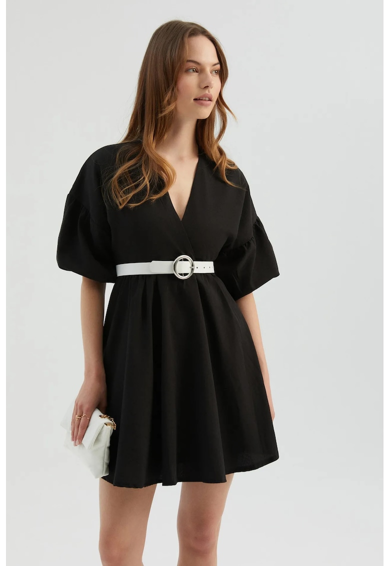 Rochie mini decolteu in V - maneci bufante - neagra - textila