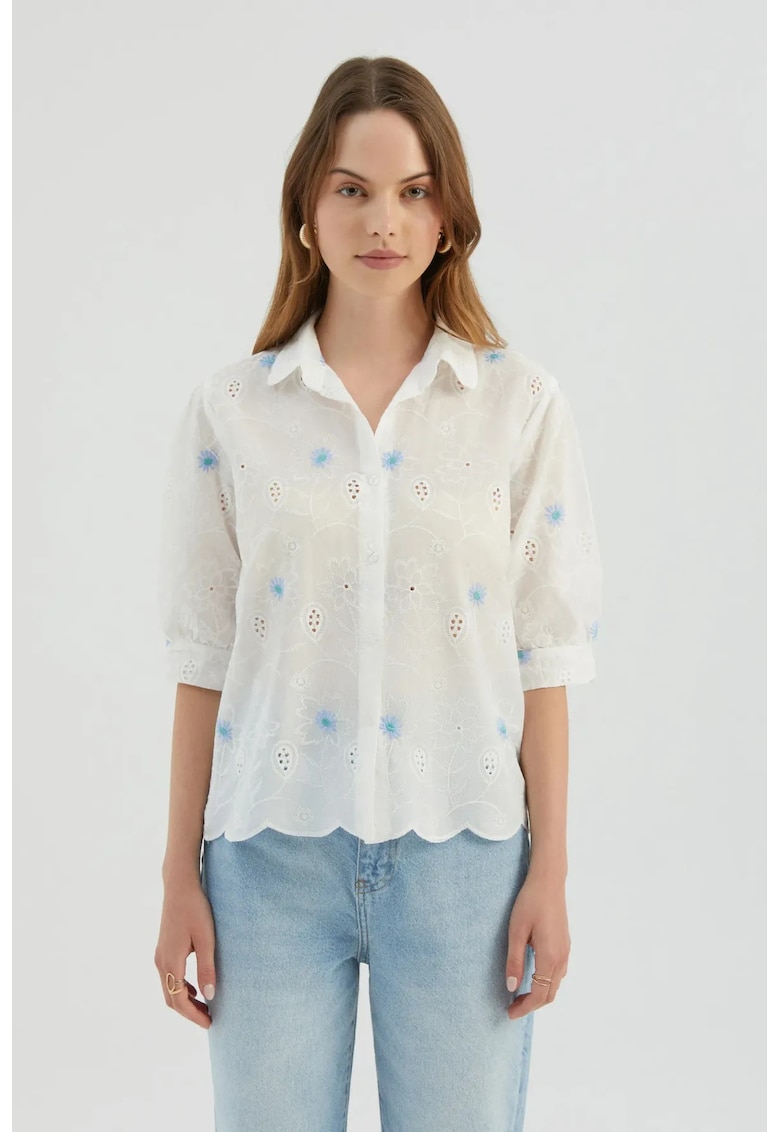 Camasa dama - camasa scurta - broderie florala - albastru - material lejer -