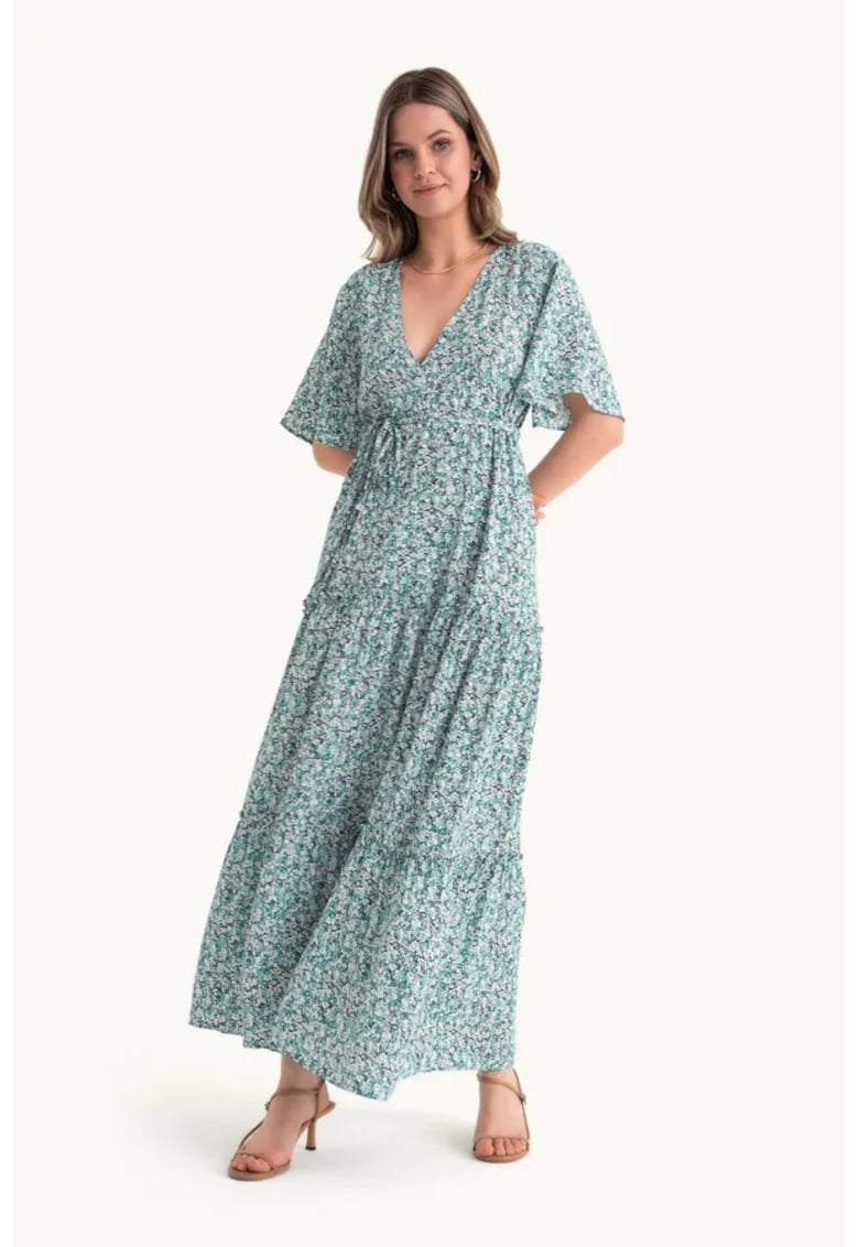Rochie maxi - imprimeu floral - decolteu in V - verde - textil