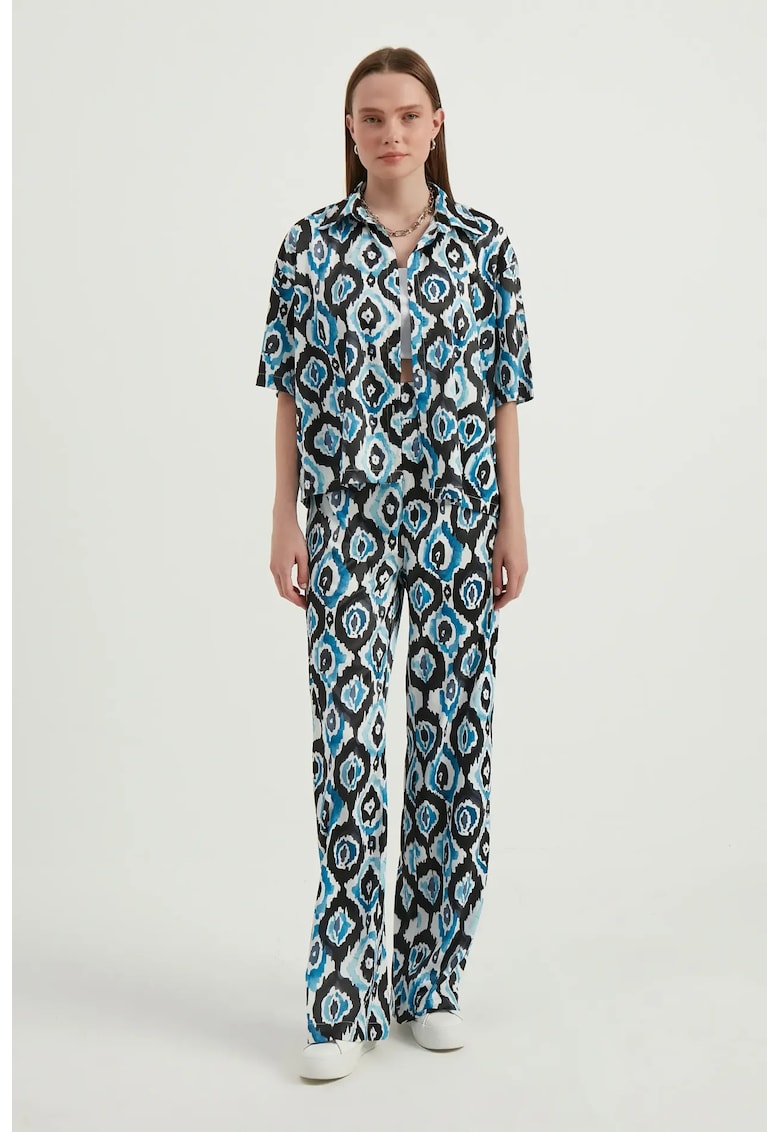 Pantaloni dama - boho - talie inalta - geometrici - albastru - satin