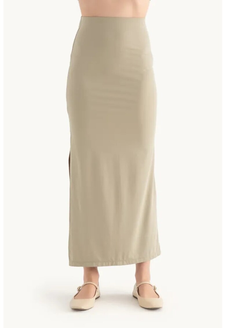 Fusta maxi dama - talie inalta - crapatura laterala - textil - verde