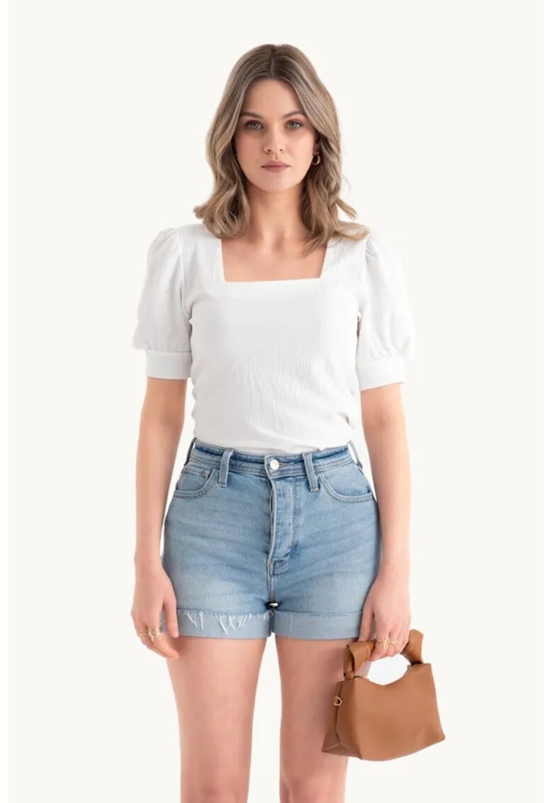 Top cu decolteu patrat si maneci balon - negru - jerseu