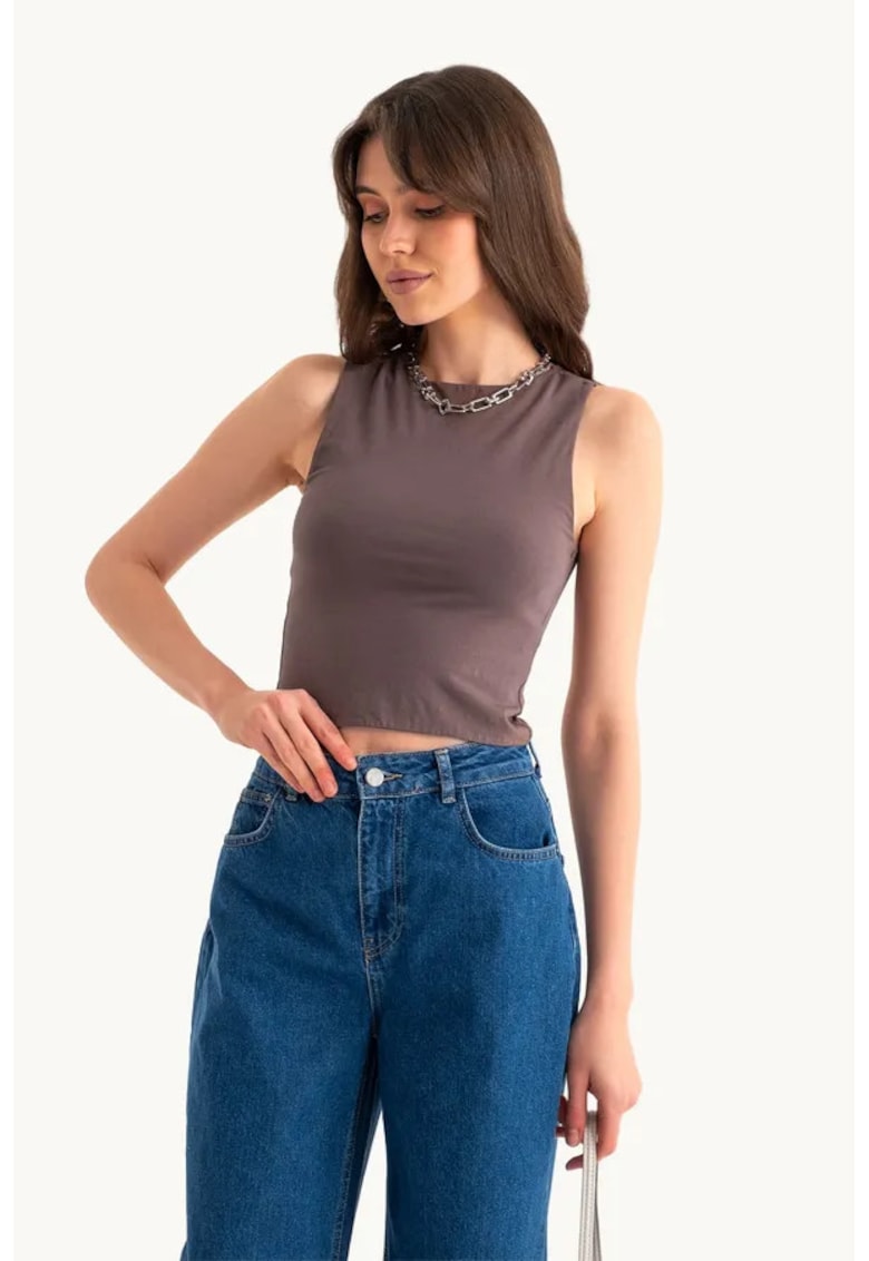 Maiou - Round Neck Basic - simplu - maro - jerseu
