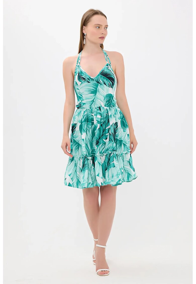 Rochie mini - imprimeu floral - decolteu in V - verde - textil