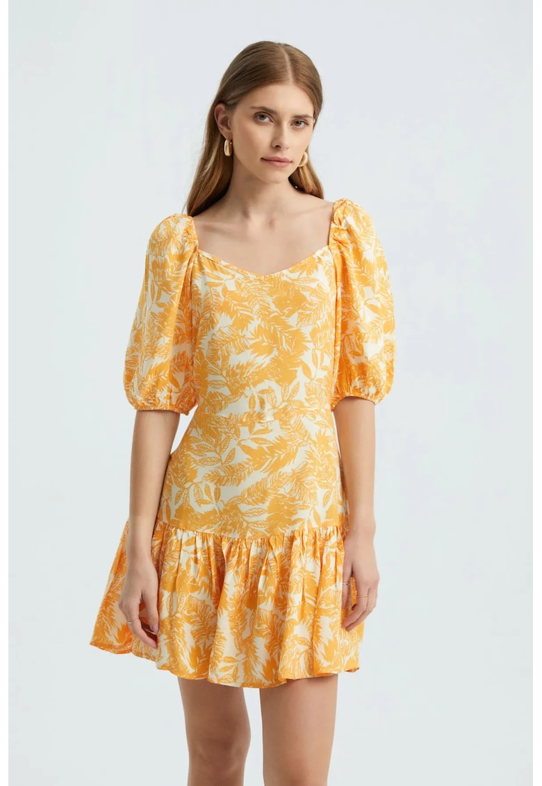 Rochie mini - decolteu in V - volane - galben - textil