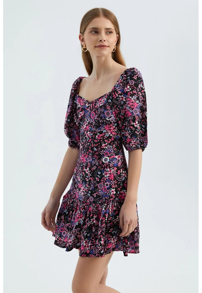 Rochie mini - imprimeu floral - decolteu in V - textil
