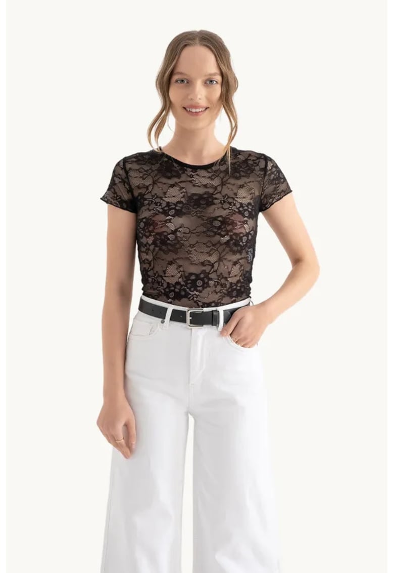 Top din plasa - decolteu rotund - broderie florala - negru - jerseu/plasa