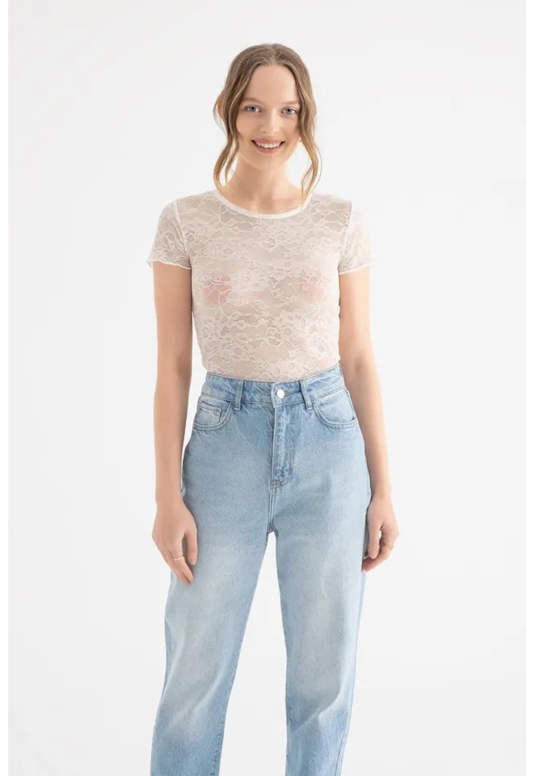 Top din plasa - decolteu rotund - broderie florala - alb - jerseu