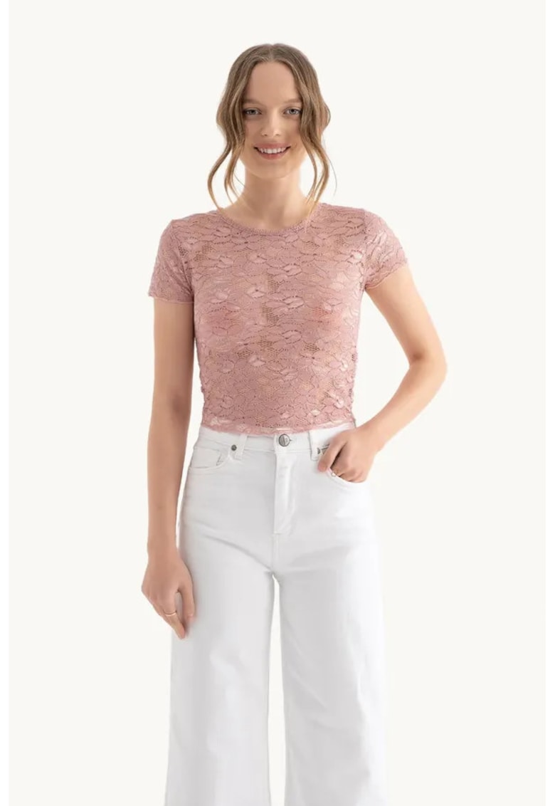Top din plasa - decolteu rotund - broderie florala - roz - jerseu