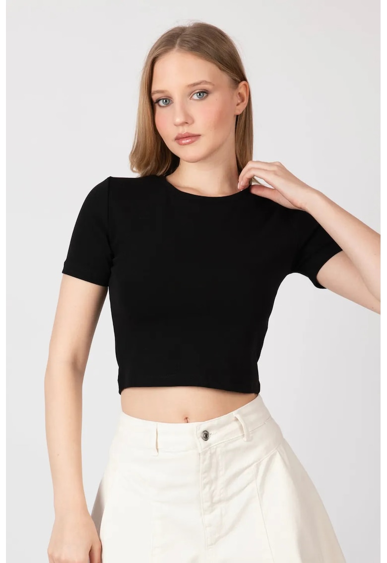 Tricou dama - scurt - guler rotund - negru - textil