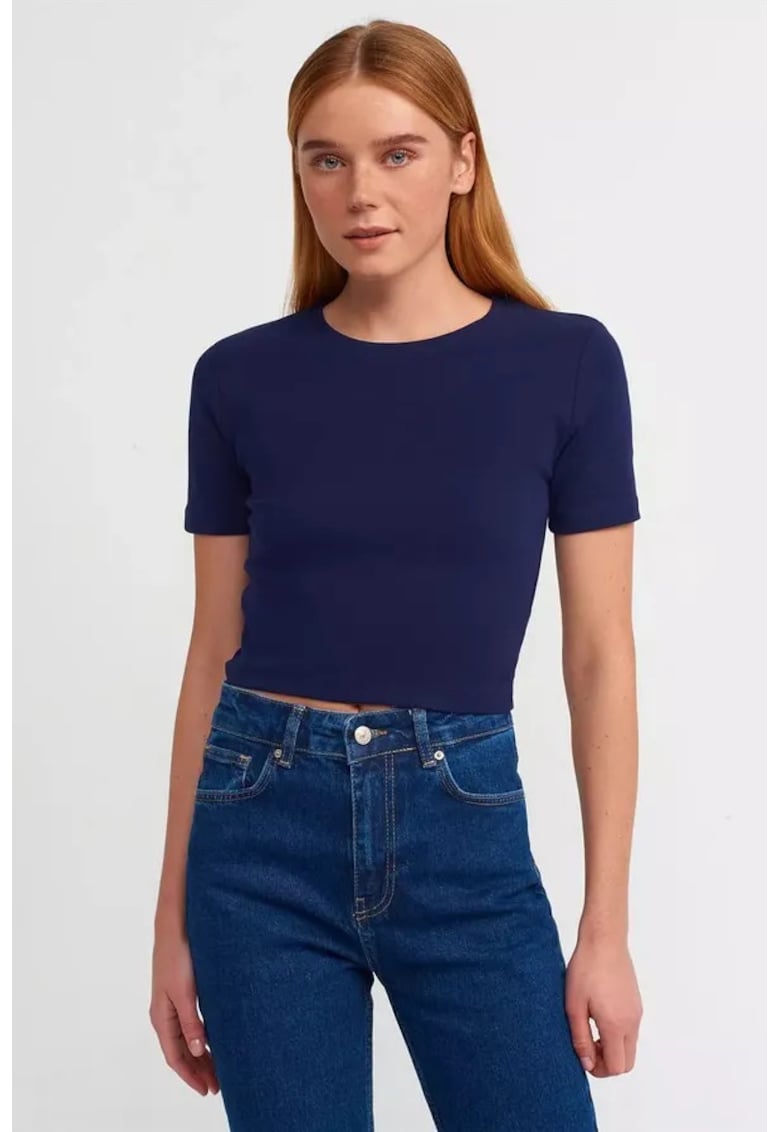 Tricou dama - scurt - guler rotund - albastru - textil