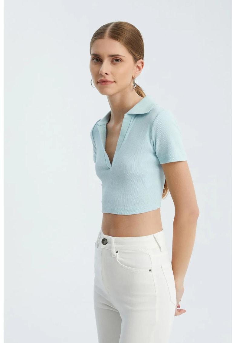 dama - crop polo - decolteu in V - albastru - jerseu - Albastru
