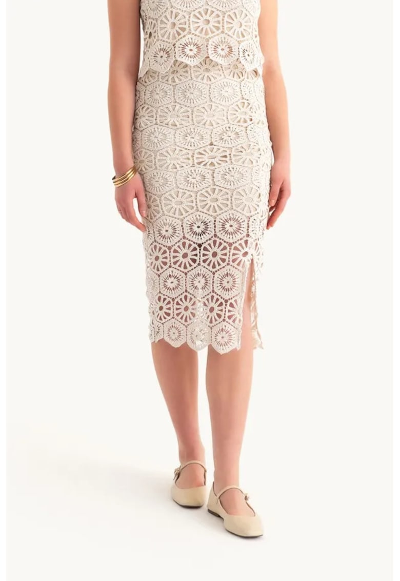 Fusta dama textil - crosetata - talie medie - bej