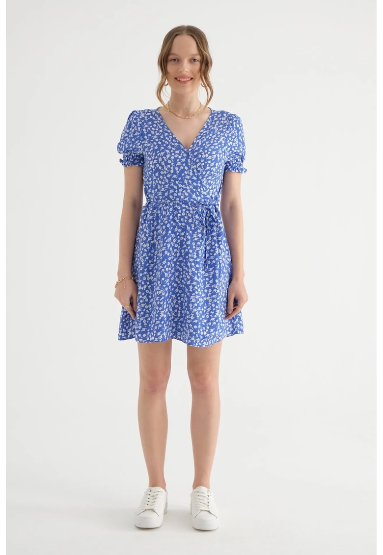 Rochie mini - decolteu tip surplis - maneci bufante - albastra - textil