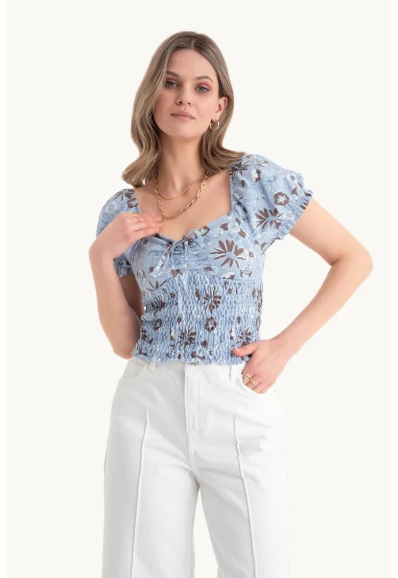 Top - floral - decolteu inima - maneci bufante - multicolor - jerseu