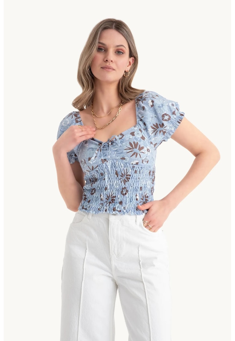 Top - floral - decolteu inima - maneci bufante - multicolor - jerseu