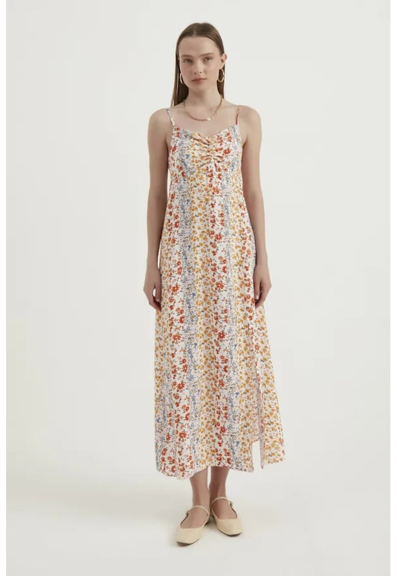Rochie maxi cu imprimeu floral - bretele tip spaghete - multicolor - textil