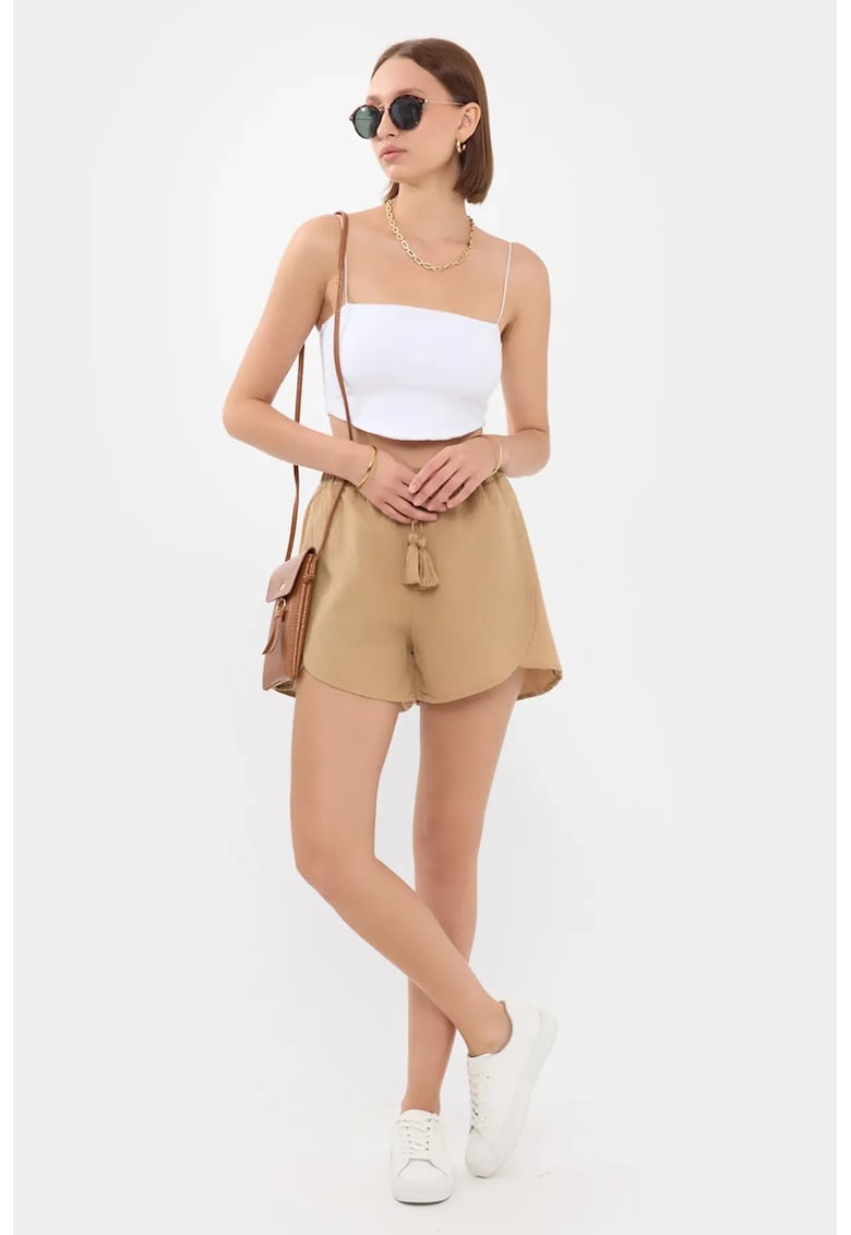 Pantaloni scurti - din in - talie inalta - elastic - maro