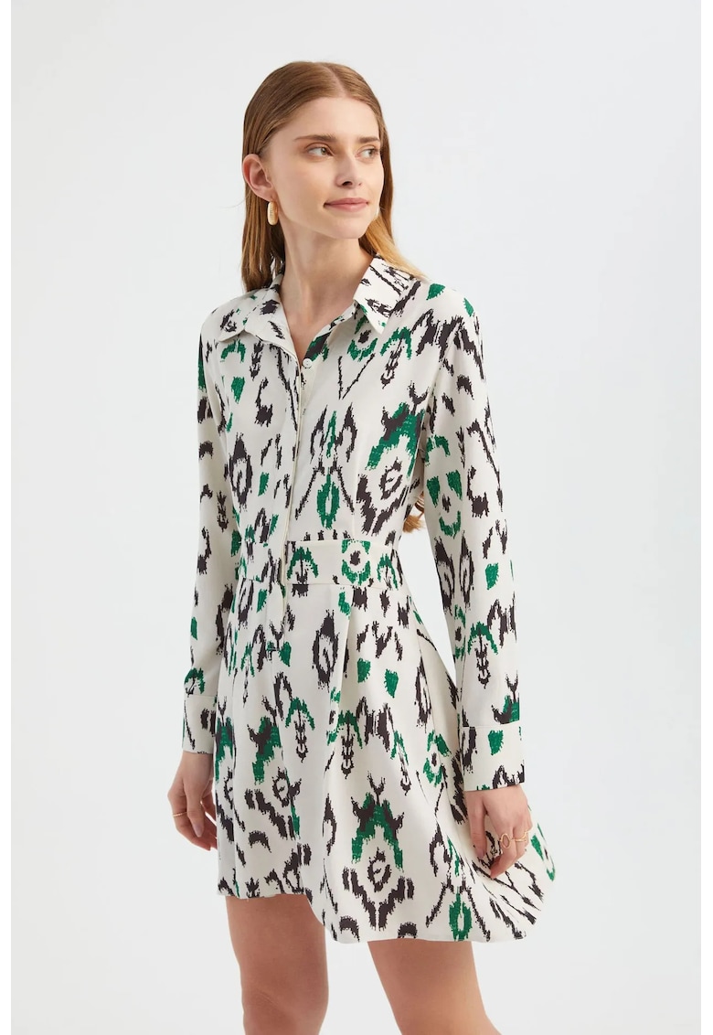 Rochie mini - linie A - decolteu polo - maneca lunga - detaliu nasturi - verde - textil