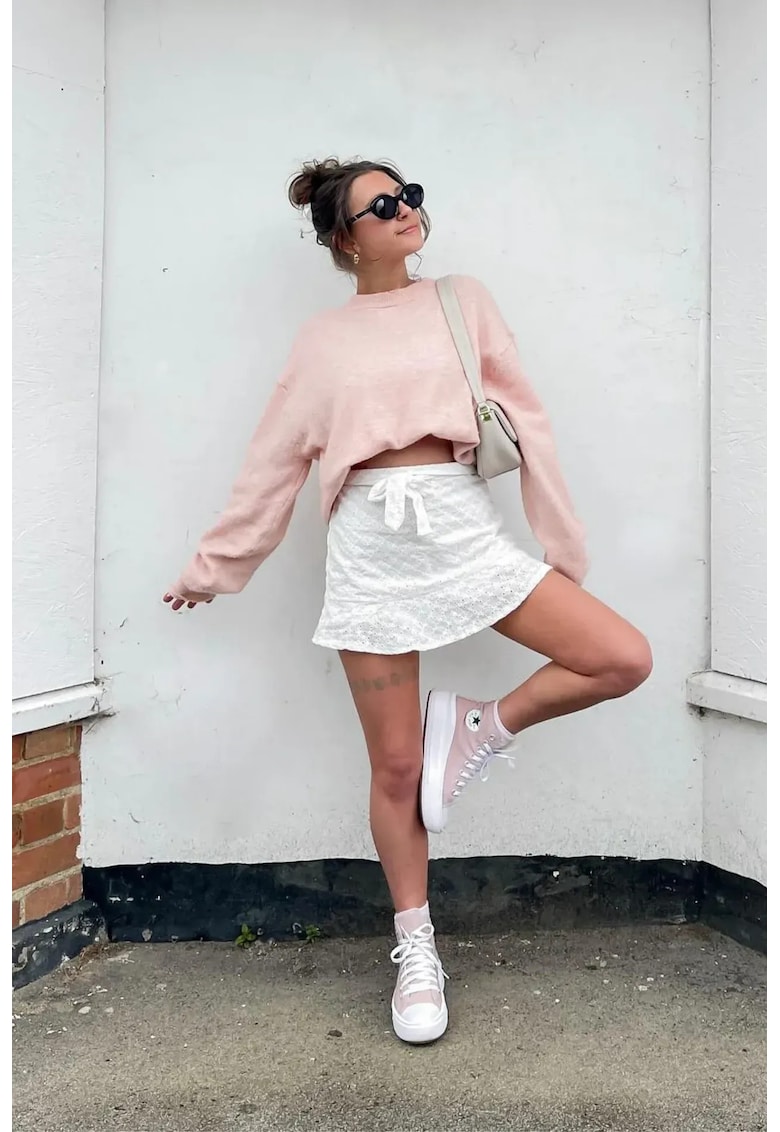 Fusta mini brodata - talie inalta - curea - textil - Alb -