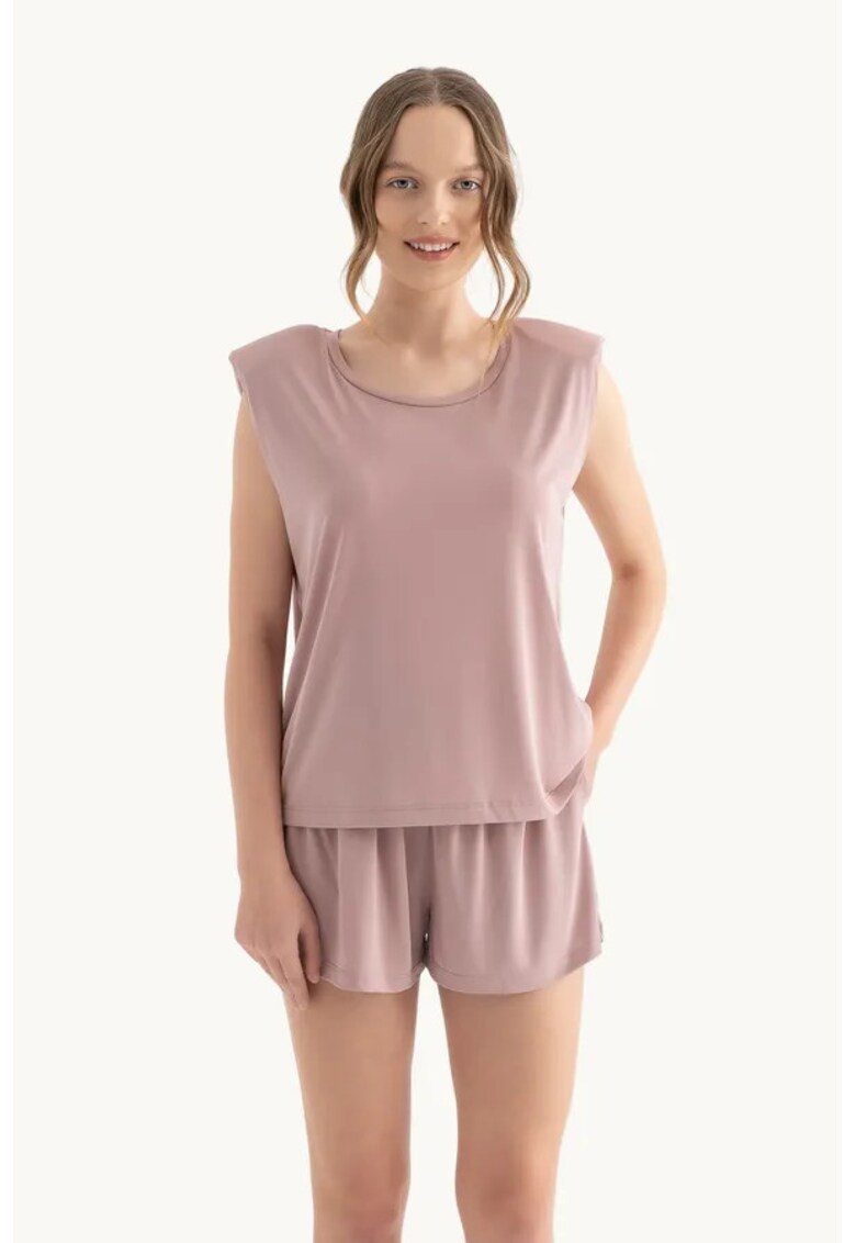 Maiou fara maneci - guler rotund - margini brute - roz - jerseu