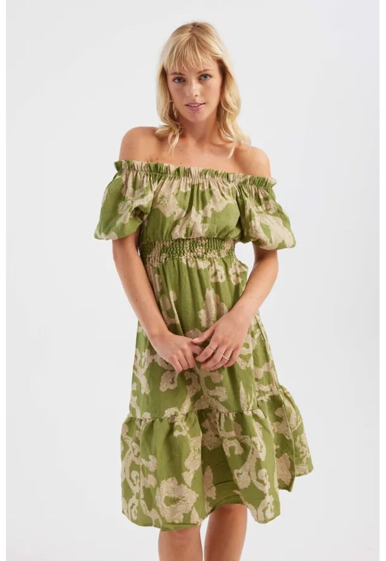 Rochie midi - umeri goi - imprimeu abstract - verde - textil