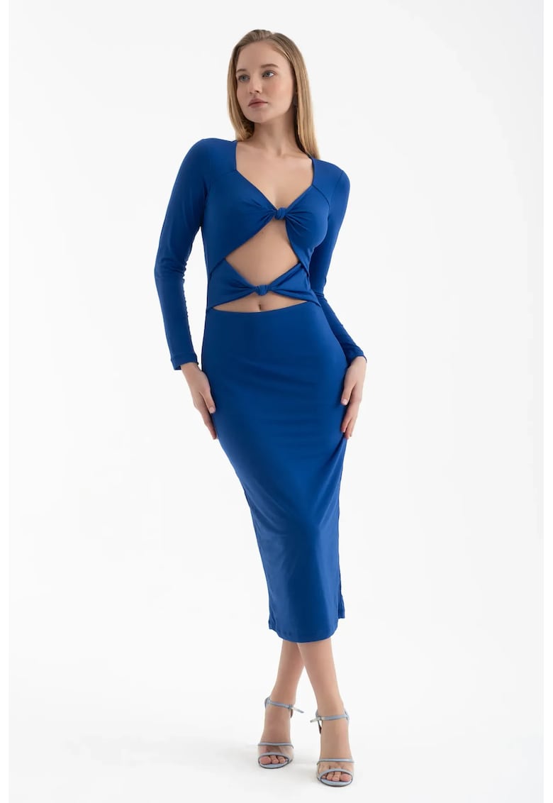 Rochie midi - maneca lunga - decolteu rotund - albastra - textil