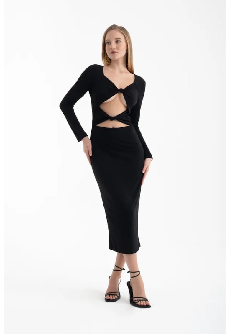 Rochie midi - maneca lunga - decolteu rotund - neagra - textil