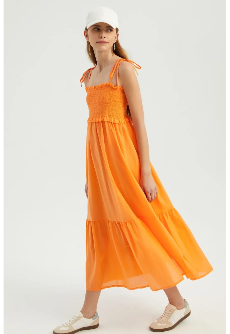 Rochie maxi - decolteu patrat - curea - portocaliu - textil