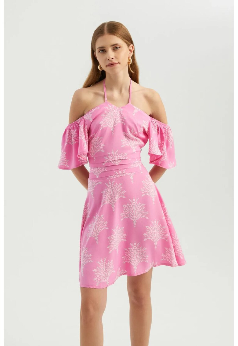 Rochie mini - imprimeu floral - umeri goi - roz - textil