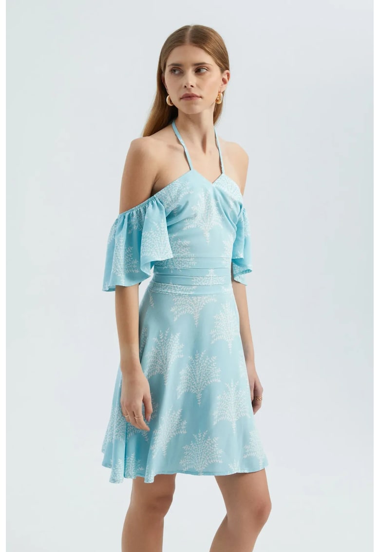 Rochie mini - imprimeu floral - umeri goi - albastra - textil