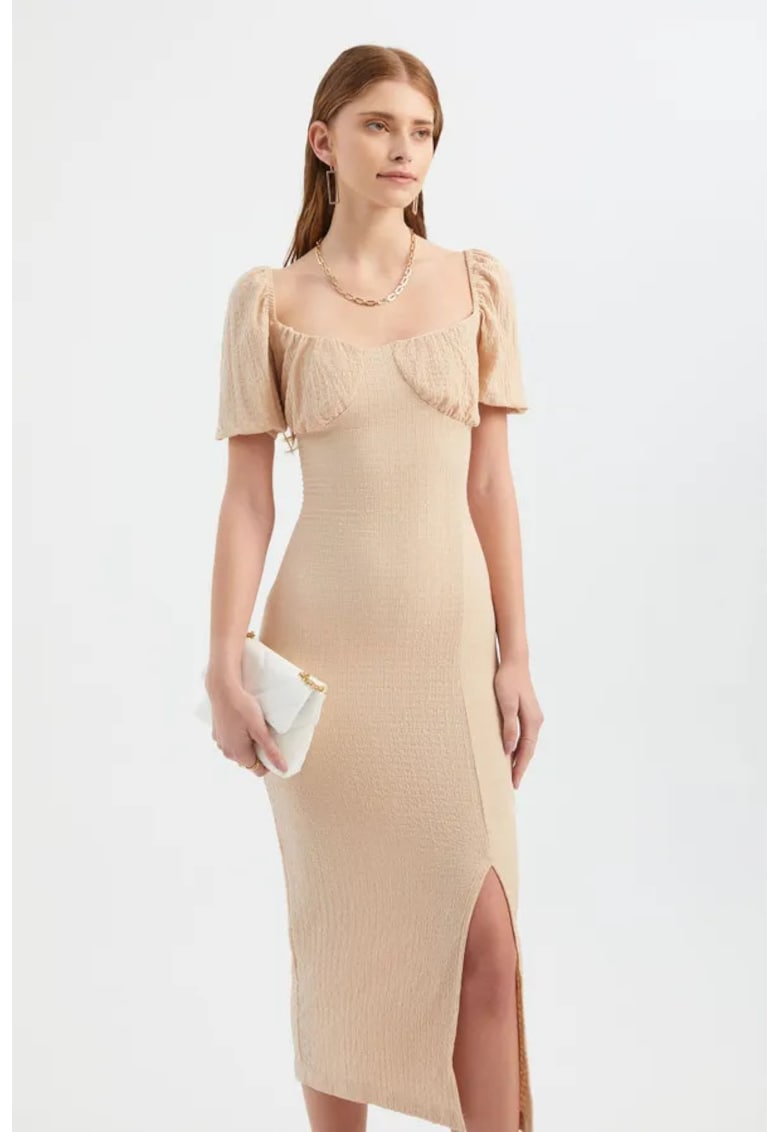 Rochie midi decolteu inima - maneci cu crapatura - bej - textil
