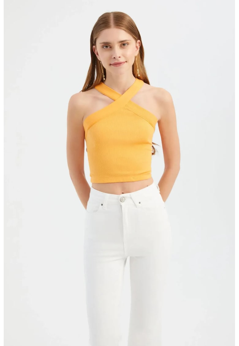Top scurt - decolteu halter - croiala incrucisata - portocaliu - jerseu