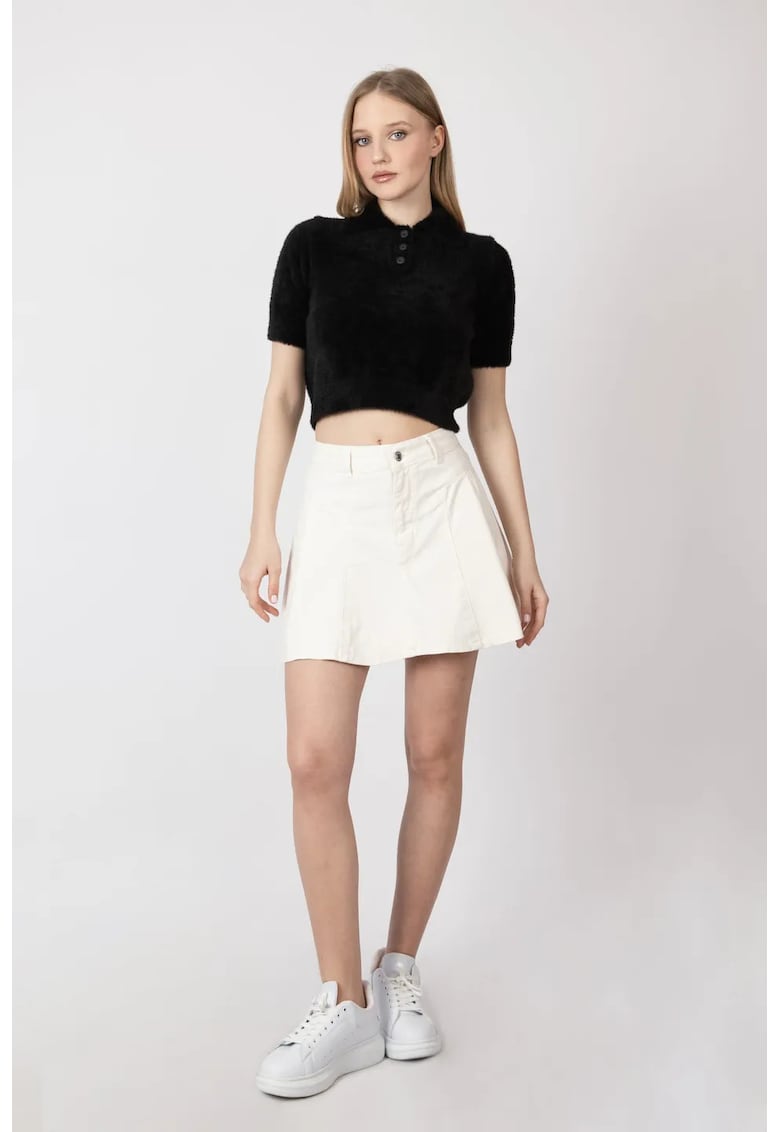 Pulover dama - pufos - guler camasa - maneca scurta - tricot - Negru -