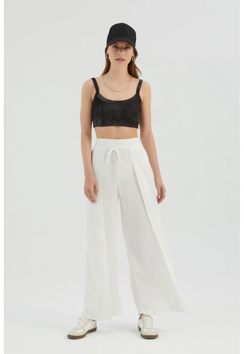 Pantaloni dama - drepti cu talie inalta si legaturi in fata - alb - textil