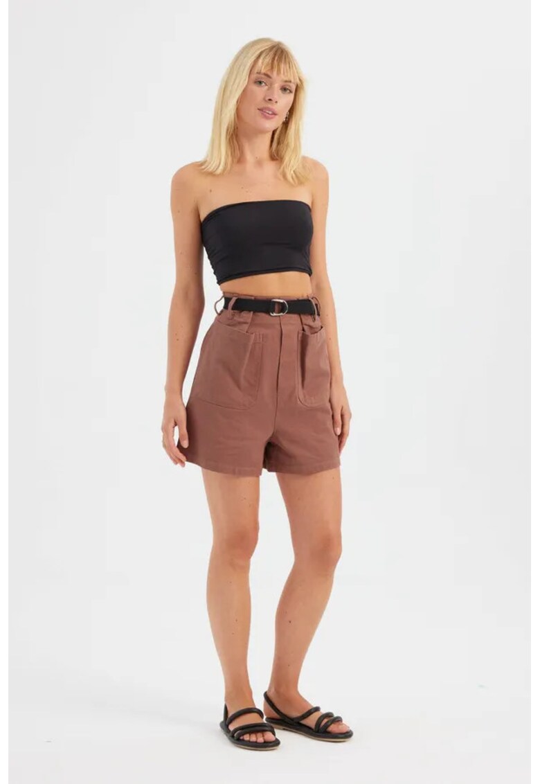 Pantaloni scurti - bumbac - talie inalta - buzunare - maro