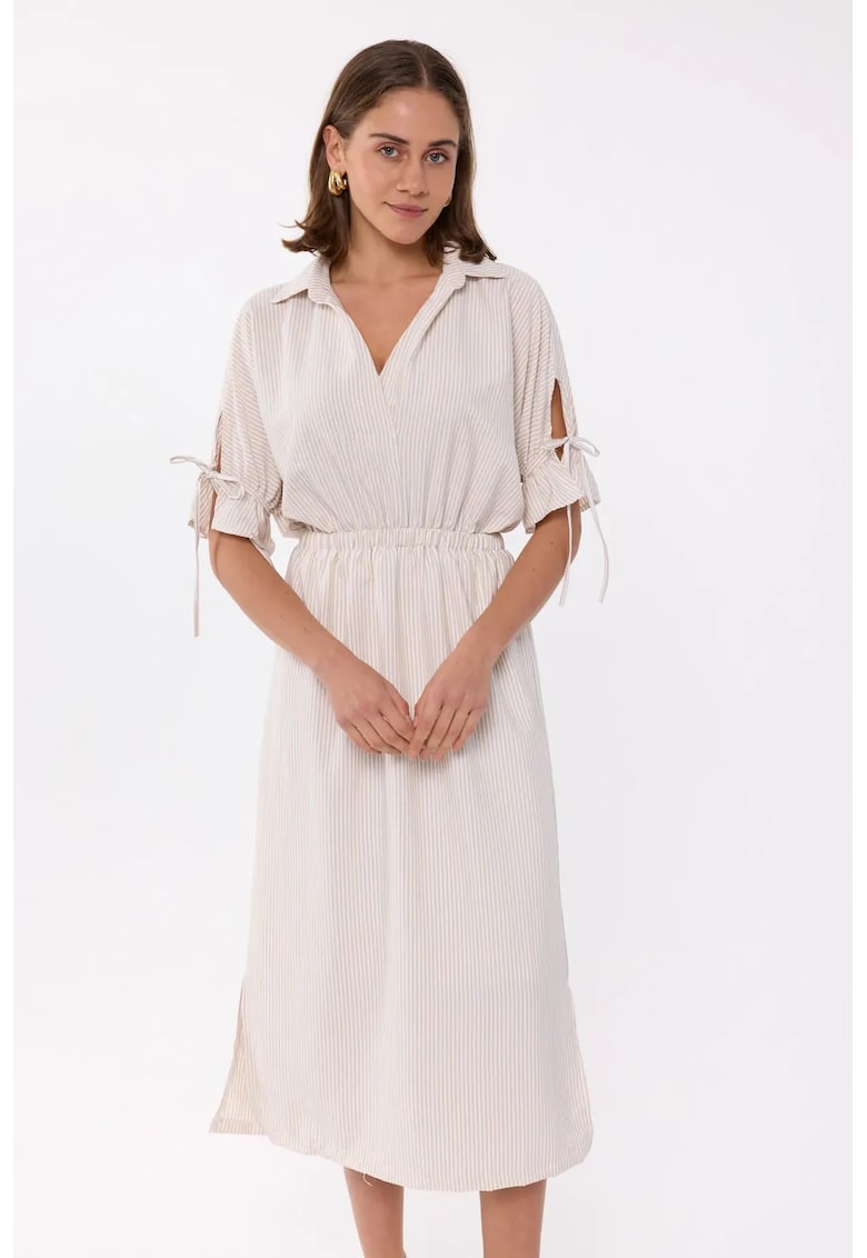 Rochie midi maneca scurta - talie elastica - bej - poliester