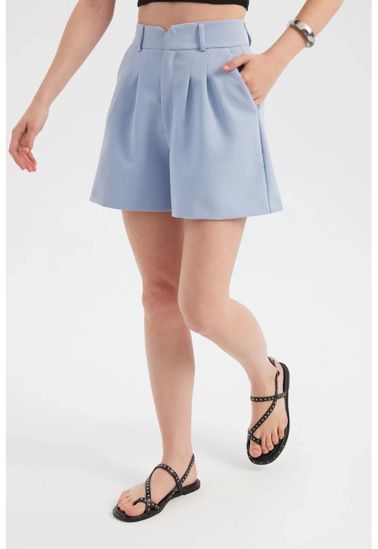 Pantaloni scurti dama - plisati - talie inalta - croi larg - albastru - poliester-viscoza