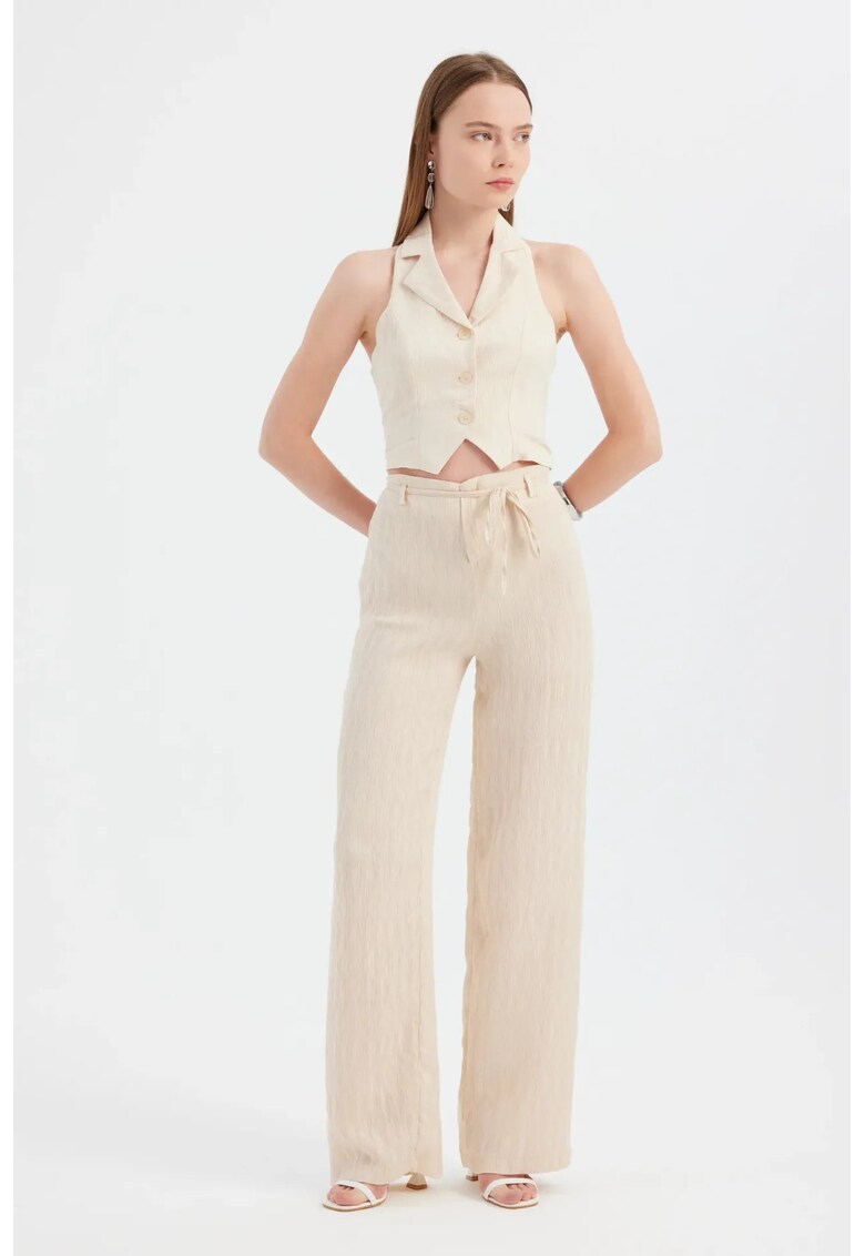 Pantaloni dama - tesuti cu croi drept si detaliu cu curea - natural - poliester