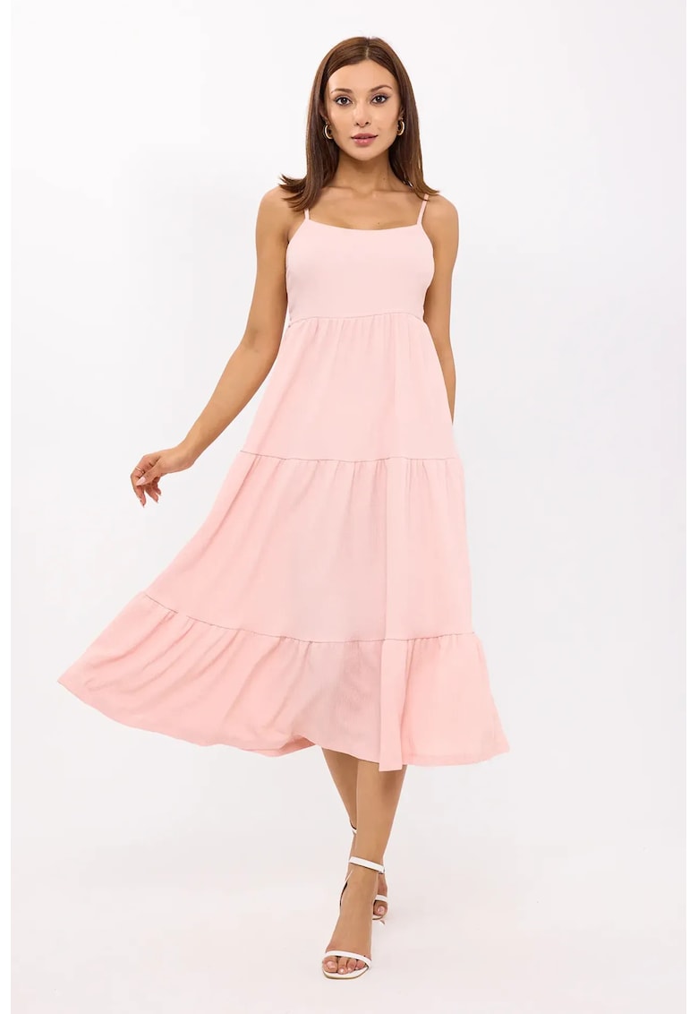 Rochie midi - bretele subtiri - straturi - roz - textil